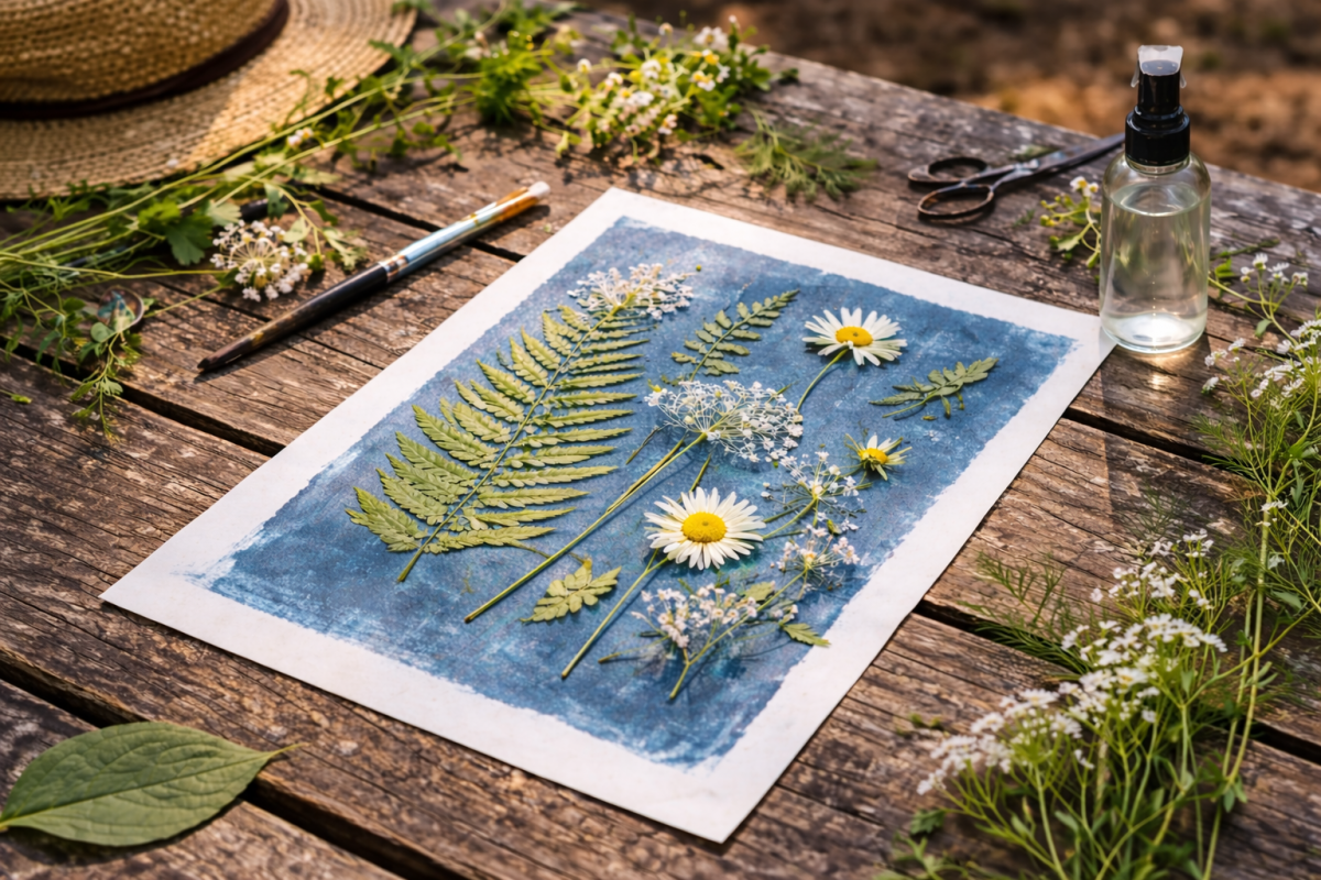 Image d'un cyanotype posé sur une table avec plantes et fleurs Image d'un cyanotype posé sur une table avec plantes et fleurs