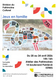 Affiche jeux en famille à Istres avec programme d’activités ludiques autour du patrimoine, incluant réalité virtuelle, jeux et parcours éducatifs du 20 au 24 avril à l’Atelier des Patrimoines