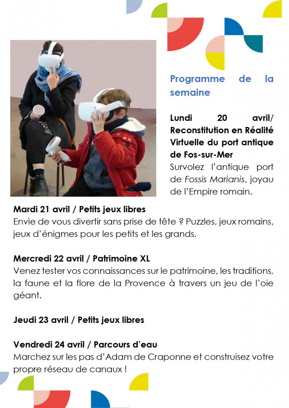 Affiche jeux en famille à Istres avec programme d’activités ludiques autour du patrimoine, incluant réalité virtuelle, jeux et parcours éducatifs du 20 au 24 avril à l’Atelier des Patrimoines Affiche jeux en famille à Istres avec programme d’activités ludiques autour du patrimoine, incluant réalité virtuelle, jeux et parcours éducatifs du 20 au 24 avril à l’Atelier des Patrimoines